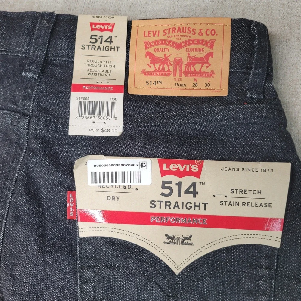 Levis 514 Straight Boys Jeans Size 16 Reg 28x30 Dark Wash Performance Stretch